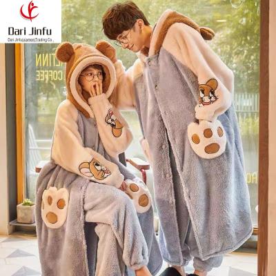 China Heavy cute hooded men's fall/winter women's QUICK DRY CARTOON two-piece suit coral PAJAMAS and fluffy long dress for sale