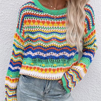 China Anti-wrinkle 2021 new rainbow loose round neck autumn sweater color prickly striped sweater women for sale