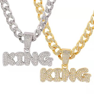 China 60cm Crystal Cuban Link Necklace Hip Hop Letter Fantastic King Pendant Necklace for Men for sale