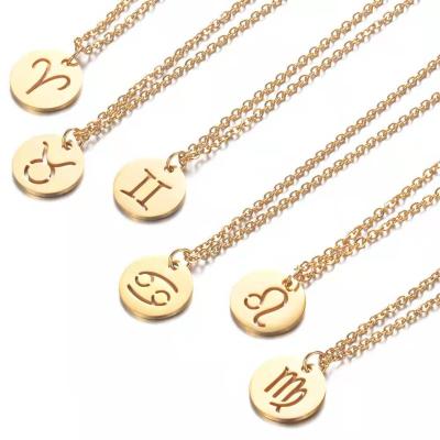 China Trendy Zodiac Round Pendant Necklace Fashion 12 Round Gold Plated Iron Chain Necklaces for sale