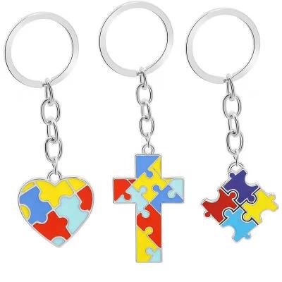 China Global Wholesale Metal Heart Shape Key Chain Autism Awareness Puzzle Charm Keychains for sale