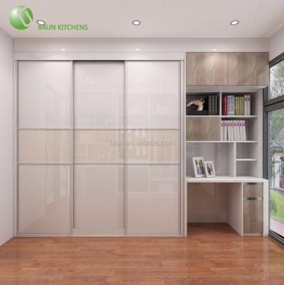 China Eco - Friendly Wooden Glass Panel Bedroom Furniture 3 Sliding Doors Wardrobe for sale