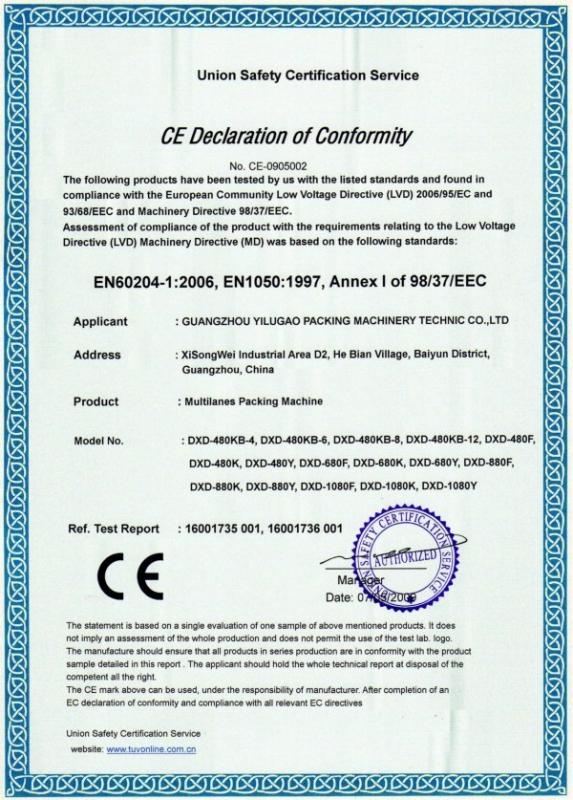 CE Declaration of Conformity - GUANGZHOU  YILUGAO   PACKING   MACHINERY TECHNIC CO.,LTD