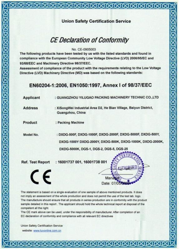 CE Declaration of Conformity - GUANGZHOU  YILUGAO   PACKING   MACHINERY TECHNIC CO.,LTD