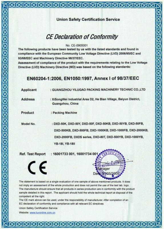 CE Declaration of Conformity - GUANGZHOU  YILUGAO   PACKING   MACHINERY TECHNIC CO.,LTD