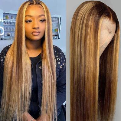 China Silky Straight Wave 180 220 Highlight Transparent Brazilian Hair T Hair Part Lace Wigs,Brown Blonde Piano Color Hair Lace Front Wigs for sale