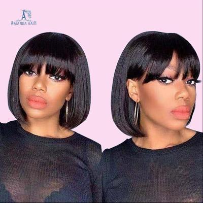 China Free Sample Brazilian Remy Human Hair Silky Straight Natural Black Short Bob Wigs With Bangs For Black Women for sale