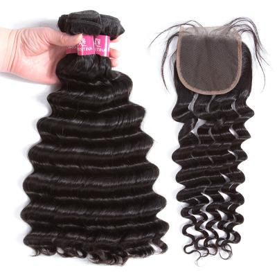 China Royce Unprocessed Virgin Human Hair 100% Brazilian Loose Deep Wave Hair Bundles With Lace Closure Loose Deep Wave for sale