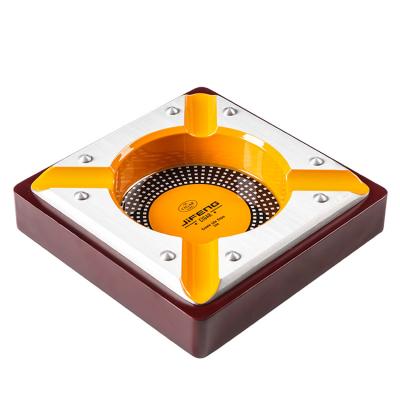 China Cigar Accessories Wood+Alloy Alloy Square Wooden Cigar Ashtray Durable 4 Slot Holder Shape Wooden Ashtray for sale