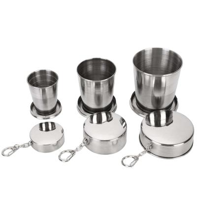 China 75ml 150ml Portable Camping Travel Mug Stainless Steel Stocked Outdoor Folding Folding Cup With Key Chain for sale