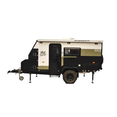 China 13ft Outdoor Travel Caravan With Pop Up Roof Campers Off Road Light Camping Trailer With Mobile RV Kitchen And Bathroom for sale