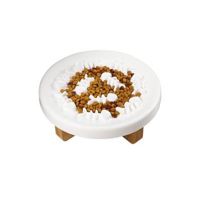 China Ceramic Cat Bowl Slow Feeder With Wooden Bracket And Silicone Feeding Mats Can Swallow Pets Eating Speed ​​MH0987B for sale