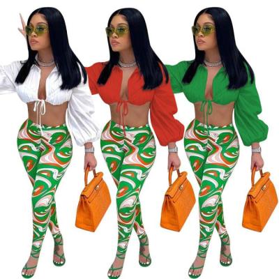 China Other New Autumn And Winter Fashion Casual Set Spot Sweatsuit Women Lantern Sleeve Lace Up Pants Suit High-waisted Pants Suit for sale