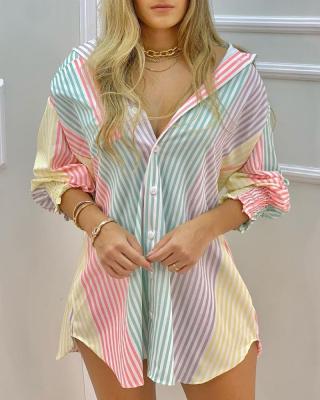 China New fashion CB05 women's regular long sleeve v-neck button stripe cardigan single breasted cotton shirt tops blouses for sale