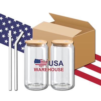 China Sustainable USA Warehouse 16oz Clear Frosted Glass 16oz Borosilicate Beer Can Blank Sublimation Tumbler Cup with Bamboo Lid and Glass Straw for sale