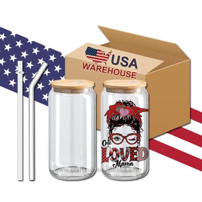 China Viable USA Warehouse 16oz Wide Mouth Beer Can Blank Sublimation Frosted Glass Clear Tumbler Cup For Coffee Iced Juice Soda Drinks for sale