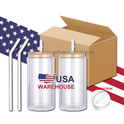 China Viable USA Warehouse DIY 16oz 16oz Clear Wine Coffee Double Wall Beer Can Blank Sublimation Snowglobe Snowglobe Glass Tumbler Cup for sale