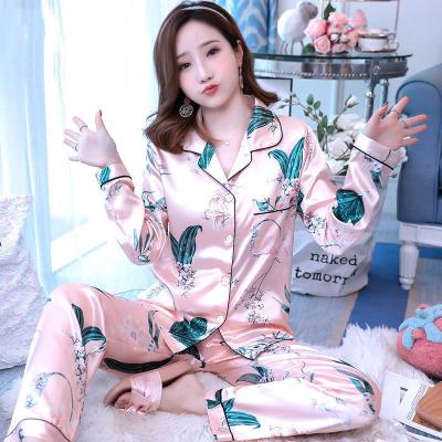 China Luxury Printed Women's Pink Pajamas Silk Pajamas QUICK DRY 2 Piece Pajamas for sale