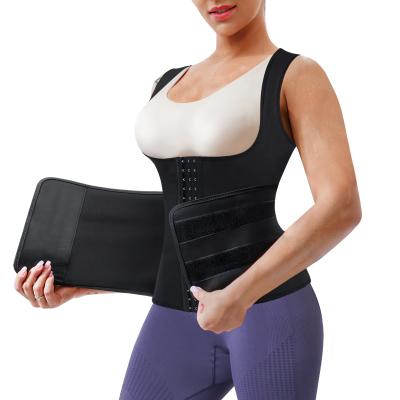 China Antibacterial Wholesale Front 3 Hook Design Compression Waist Trimmer Belt Double Sauna Sweat Weight Loss Neoprene Women Waist Trainer Vest for sale