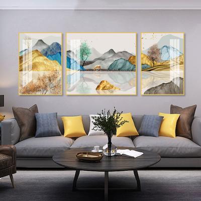 China High Resolution Printing Combination Crystal Porcelain Painting Living Room Luxury Chinese Golden Painting of Mountain for sale