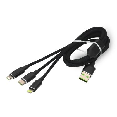 China With Brightness Premium Quality Competitive Price 2.4A Hot Sale Braided Micro 8 Pin Type Fast Charging C iPhone Smart Phone 3 In 1 USB Cable Charger for sale