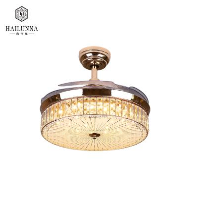 China Luxury Mid Century Newest Design Crystal Chandelier Foldable Invisible Ceiling Remote Control Fan for sale