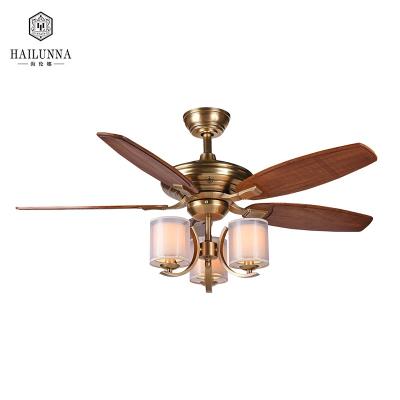 China Hotel Modern Simple Design Copper Fabric Cover AC 65W Ceiling Fan With LED Light for sale