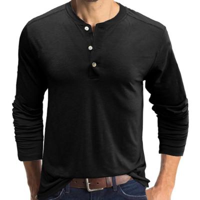 China Breathable Henley Shirt Sustainable Black Solid Henley Ribbed Neck Men's Henley Shirt Relaxed Shirt Organic Cotton T-Shirt for sale