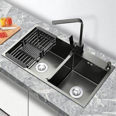 China With Faucet Customize Double Kitchen Sinks Handmade 304 Stainless Steel Black Nano Kitchen Sink for sale