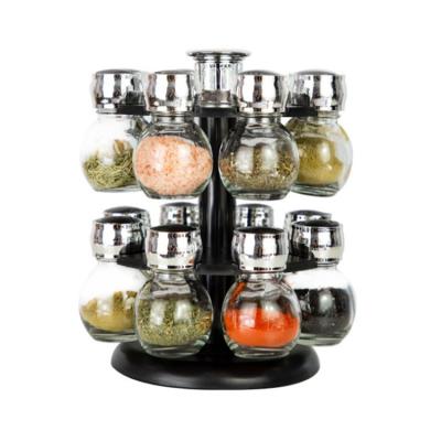 China Viable Spice Jars Shaker 16pcs Glass Jar Spice Seasoning Containers For Kitchen Universal Rotating Spice Jar Glass Rack for sale