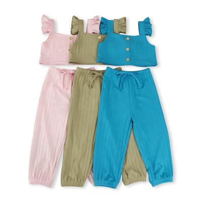 China Casual Trendy Kids Boutique Outfits Ribbed Fly Sleeve Girls Summer Teen Clothing Sets for sale