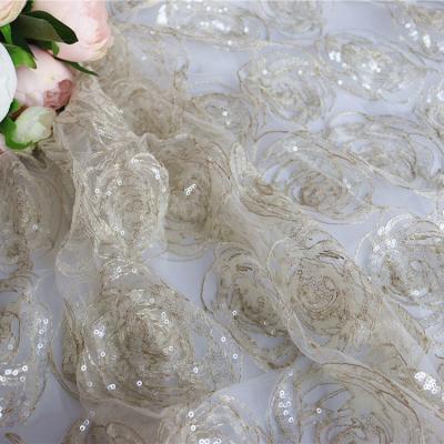 China Handmade Sequin Embroidery Rose Flower Lace Fabric Dress Wedding Dress Fabric for sale