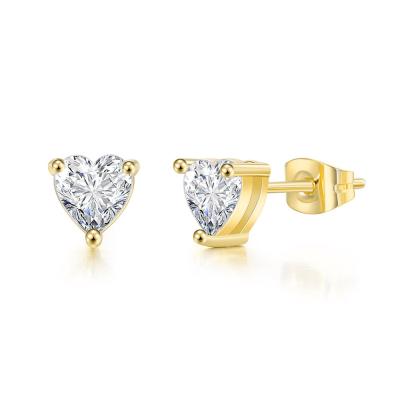 China Fashion Zircon Brass Heart Shaped Ear Studs With Butterfly Clasp Earrings Shape Jewelry 14K Gold Plated for sale