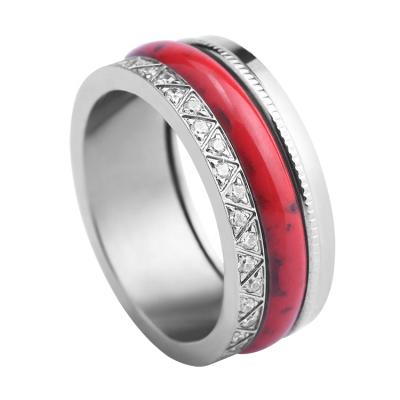 China High Polished Stainless Steel Single Finger Ring Triangles CNC Set CZ Round Red Ceramic Fashion Jewelry Gift for sale