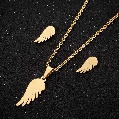 China CLASSIC Sweet Clavicle Chain And Ear Studs Stainless Steel Angel Wings Jewelry Set for sale