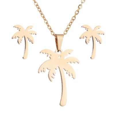 China CLASSIC New Design Cute Sun Beach Coconut Tree Necklace Earrings Stainless Steel Jewelry Set for sale