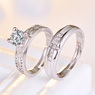 China Romantic Free Size Couples Ring For Wedding Engagement Jewelry Adjustable Silver Plated Crystal Diamond Ring for sale