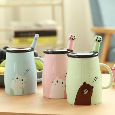 China Wholesale Stocked Mug Color Heat Resistant Cartoon With Spoon Lid Kitten Milk Coffee Ceramic Mug Kids Mug Office Gifts for sale