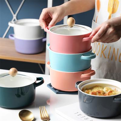 중국 Nordic Ceramic Stocked Instant Noodle Bowl With Lid Household Soup Salad Bowl Simple Glass Oven Baking Ceramic Cooking Pot 판매용