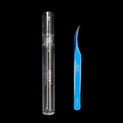 China Custom Logo VETUS Gold Stainless Steel Eyelash Tweezers Volume Applicator Volume Eyelash Tweezers Tube Wholesale Blue Eyelash Tweezers for sale