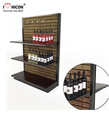 China Freestanding Wine Store Double Sided Slatwall Laminate Wooden Handmade Retail Wine Display Rack With Signage for sale