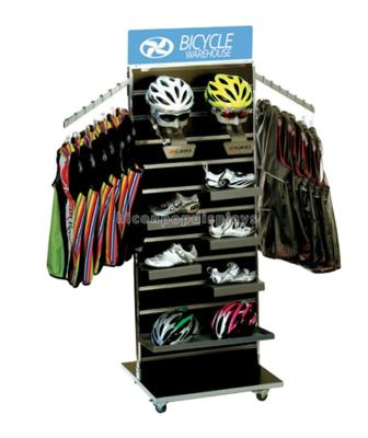 China Slatwall Cycle Warehouse Floor Display Freestanding Wooden Movable Motorcycle or Motorbike Safety Helmet Rack for sale