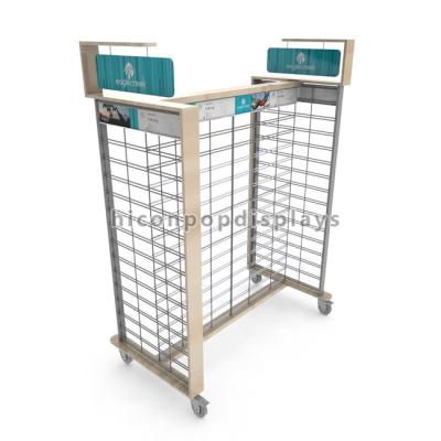 China Freestanding Design Metal Wire Gridwall Double Sided 4-Way Flooring Gift School Bag Hanging Display Stand for sale