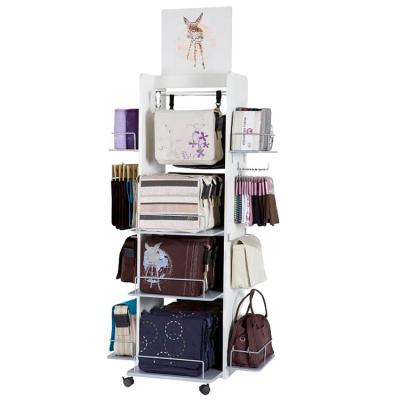 China New Stores Fashion Shop Advertising 4-Tier Handbag Leather Wallet Free Standing Wooden Mobile Display Rack for sale