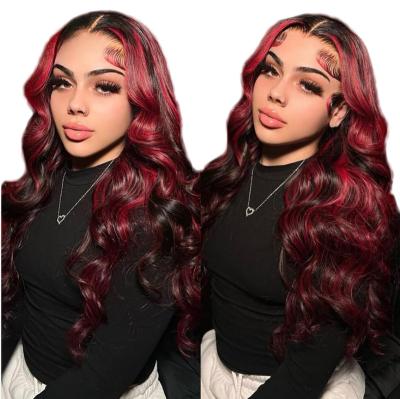 China Body Wave Hd Lace Transparent Lace 180% Colorful Human Hair Wigs Free Part 1b 99J Rose Red Highlights Body Wavy Human Hair Wigs for sale