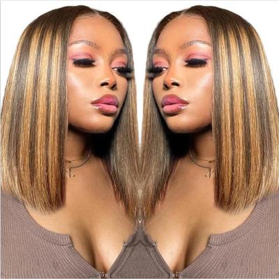 China Straight Highlight Bob Colored Human Hair Wigs Brazilian Straight Lace Front Wig For Women Honey Blonde Bob Lace Closure Wig for sale