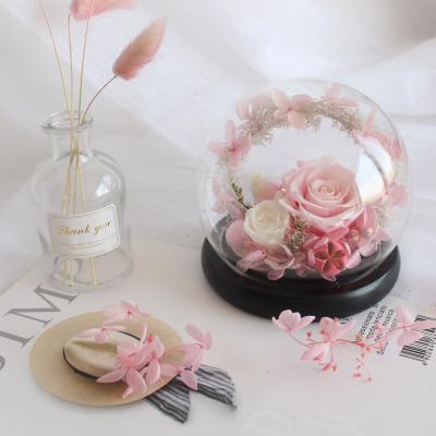 China Preserved Flowers Gifts Wholesale Grade Glass Dome Design Pink Preserved Flower Rose For Valentines Day Gifts for sale