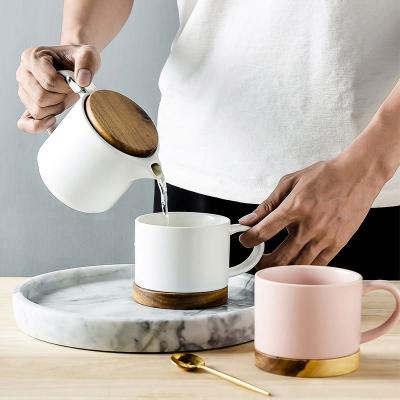 China Viable Nordic Creative Wooden Flower Ceramic Tea Pot Lid Tea Set Ceramic Cup and Kettle for sale