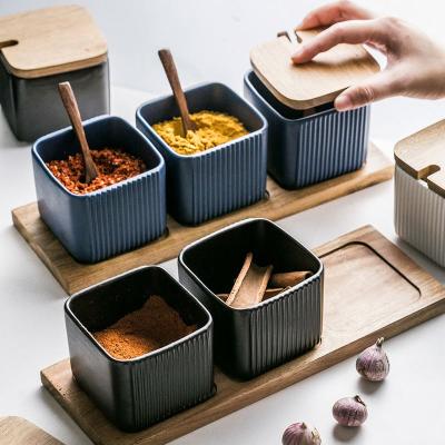 China Household Viable Creative Combination Straight Grain Square Seasoning Pot Ceramic Seasoning Pot Set for sale