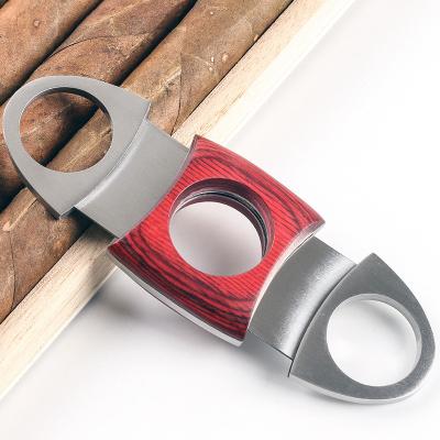 China Custom Logo Wooden Red Metal Cigar Cutter Minimalist Portable Stainless Steel Double Blades for sale